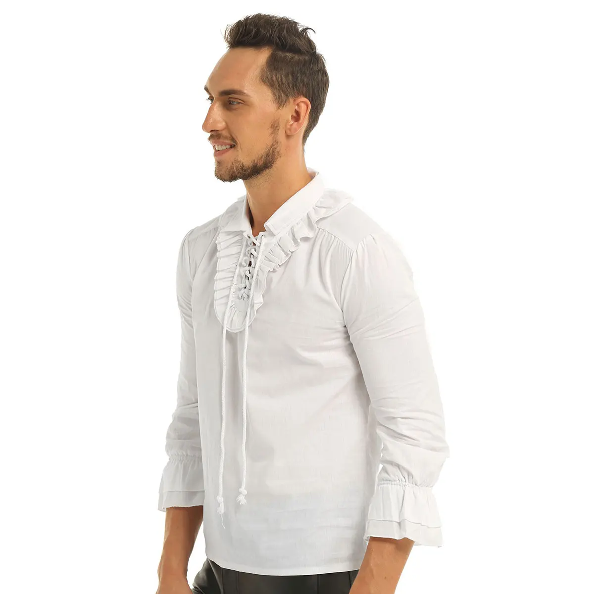 Men Turn-down Collar Long Sleeve Casual Shirt Lace-up Front Ruffled Gothic Steampunk Victorian Pirate Cosplay Shirt Blouses