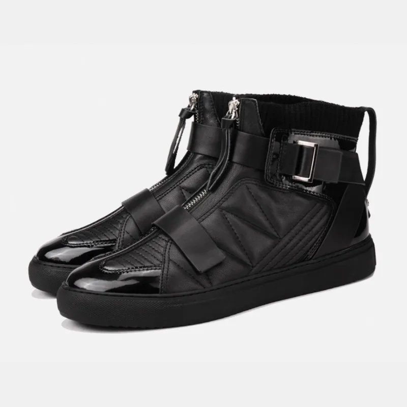 Mens Winter High Top Sneakers Sheepskin Cross Strap Genuine Leather Spliced Casual Footwear Flats Zipper Designer Trainer Shoes