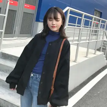 

2019 Autumn Winter Harajuku Korean Zip-Up Sweatshirts Women Lantern Sleeve Solid Plus Size Coat Femme Casual Loose Hoodies