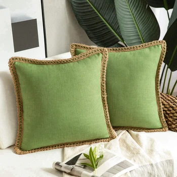 

2pcs/set Farmhouse Decorative Throw Pillow Covers Burlap Linen Trimmed Tailored Edges 45*45cm