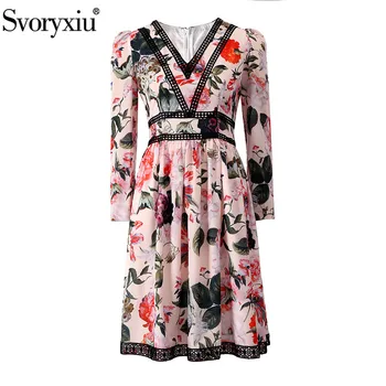 

Svoryxiu Elegant Flower Print Chiffon Beach Dress Women's Long Sleeve V-Neck Lace Embroidery Summer Holiday Short Dress 2020 New