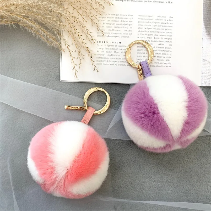 Colorful Ball Real Rex Rabbit Fur Pompoms Keychain Bulk Fluffy Key Chain  Car KeyRing Pendent