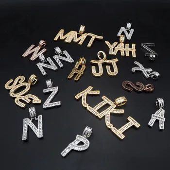 

A-Z Gold Color Baguette Initials Letters Hip Hop Pendant Bling Cubic Zirconia Men Women Necklace Chain Rock Jewelry