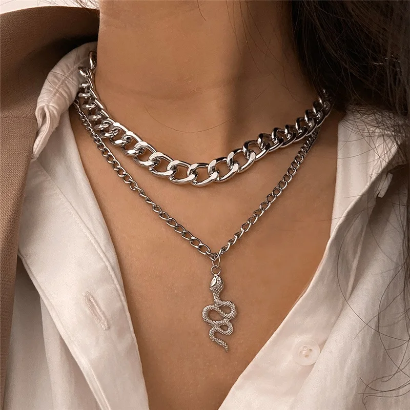 Punk Vintage Snake Pendant Necklace For Women Hip Hop Gold Color Multilayer Chunky Chain Portrait Coin Fashion Jewelry | Украшения и
