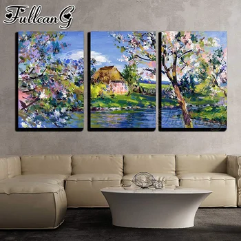 

FULLCANG 5d diy mosaic abstract diamond embroidery graffiti spring landscape painting triptych full square round drill FC2042