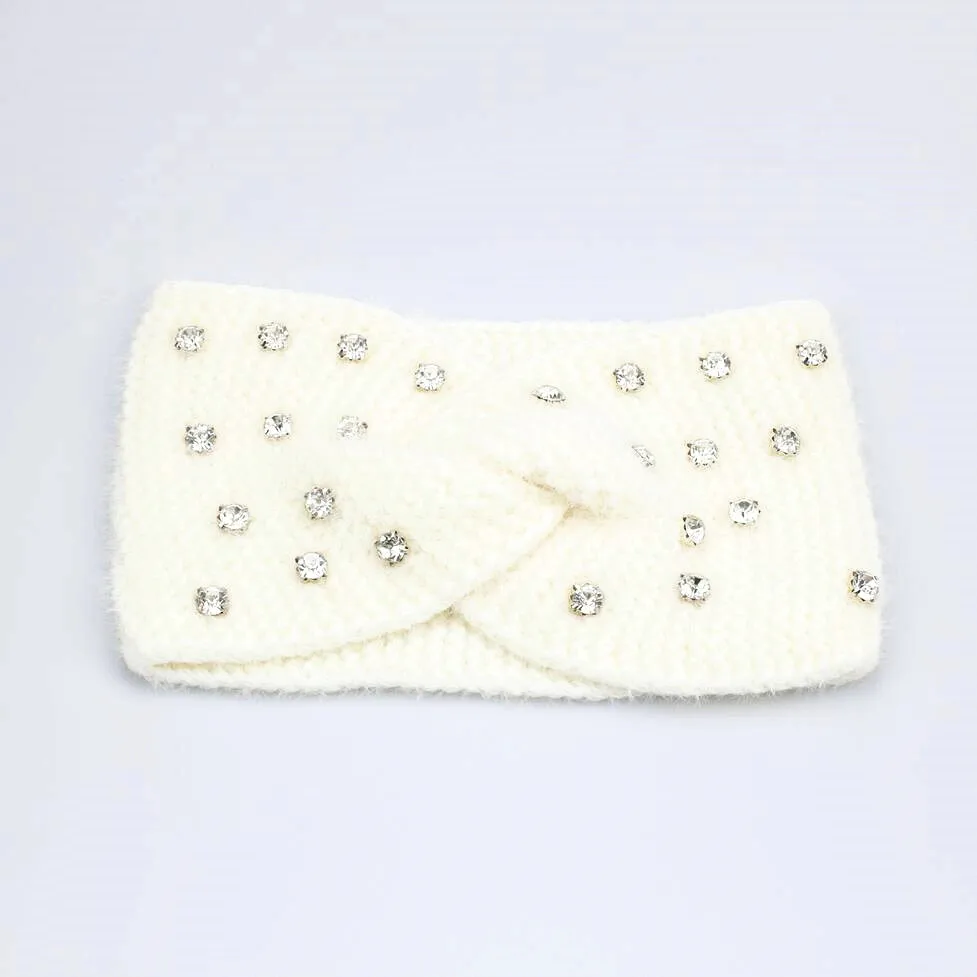 2020 New Girls Winter Stones Fuzzy Knit Headband Hair Accessory Turban Women Ivory Headwear Clear Glass Rhinestone Headband