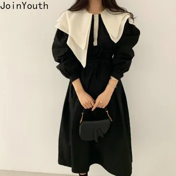 

Joinyouth Contrast Color Turn Down Collar Midi Vestido Long Sleeve Korean Dresses 2020 New Sashes Slim Waist A-line Dress 58503