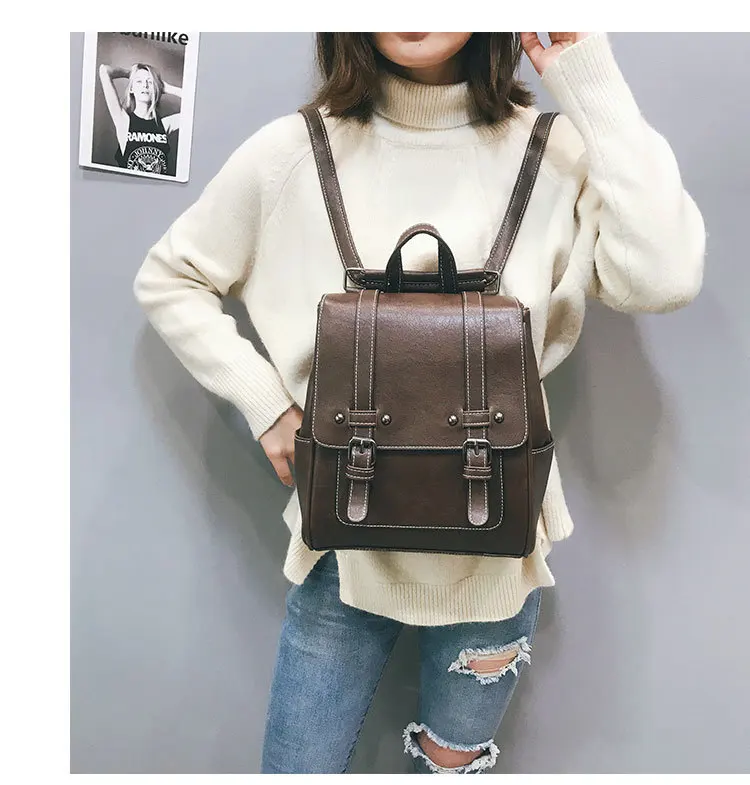 2019 Vintage Women Backpack Purse School Bag for Teenage Girls Retro Leather Backpacks Black Red Travel Back Pack Small Rucksacks (7)