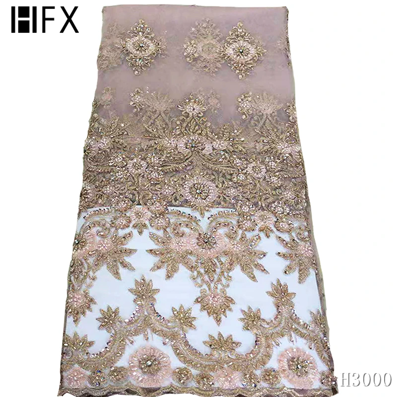 HFX Тяжелая вышитая бисером кружевная ткань ручной работы 3d цветок Роскошная французская сетка кружева Свадебная кружевная ткань dentelle tissu 5 ярдов/лот H2708