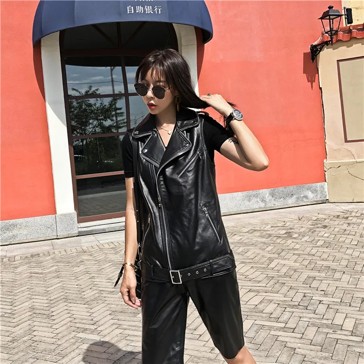 Жилет из натуральной кожи Highstreet Moto с зубчатым вырезом и пряжкой, с поясом, без рукавов, из овчины, Жилеты для женщин, осенняя Повседневная Верхняя одежда для женщин