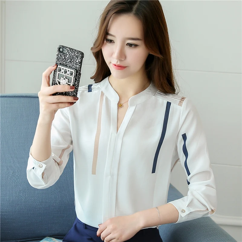 Nova primavera e outono CorEia moda шифоновая блуза blusa das mulheres в полоску impresso blusas de Manga comprida