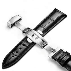 Premium Leather Watch Strap with Butterfly Clasp - Fashion Black - 18mm (Black)