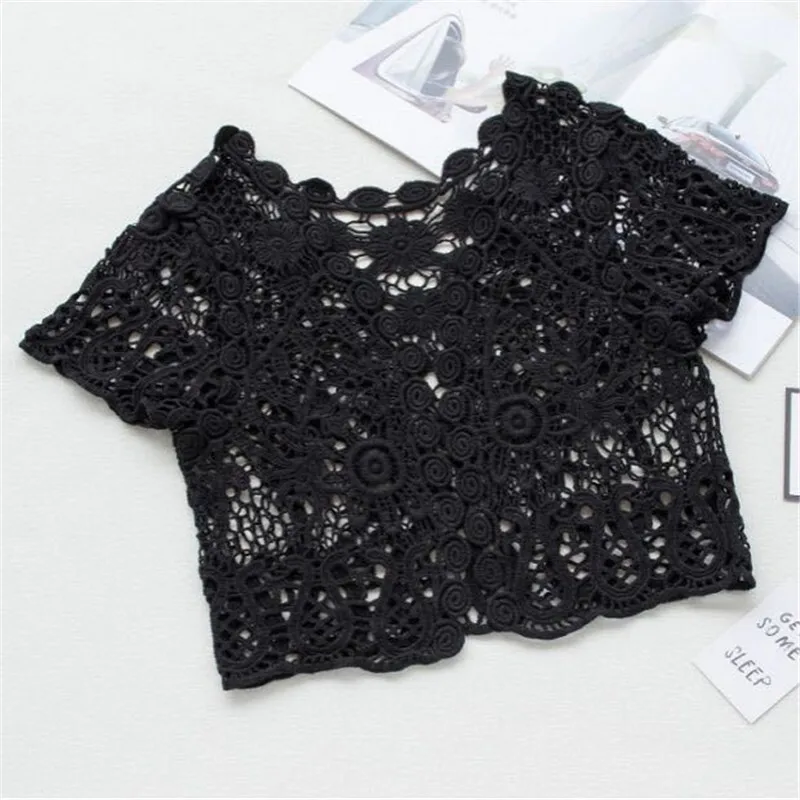 Women's Short Sleeve Shrug Bolero Lace Sheer Bridal Summer Jacket Cape White/Black
