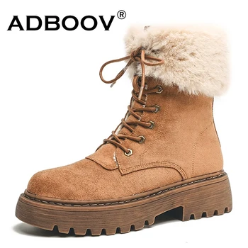 

ADBOOV New Suede Fur Lining Sow Boots Women Thick Sole Furry Motorcycle Boots Winter Shoes Ladies