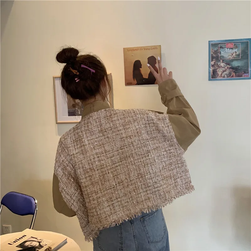 Лоскутный контрастный карман на молнии твидовый клетчатый короткий топ для женщин Свободная короткая куртка Сексуальная Корейская женская куртка модная тонкая куртка-бомбер