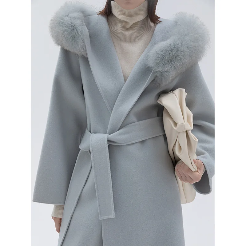 

Hand-Sewn 100% Wool Women Coat Autumn Winter 2021 New Solid Double-Sided Woolen Mid-Length Fox Fur Collar Coat Women Overcoat