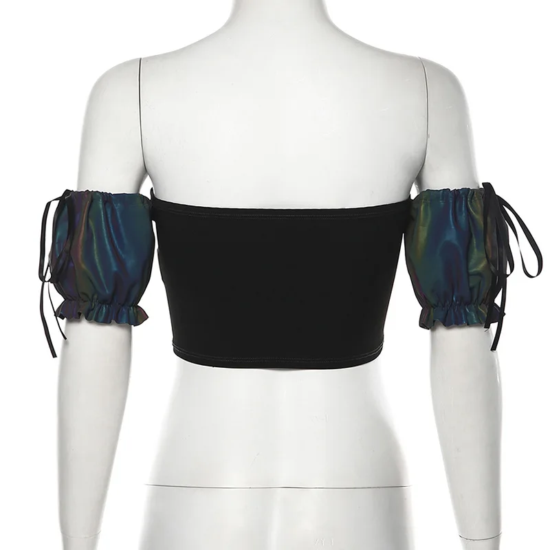 Hot Fashion Trend Women Ladies Sexy Nightclub Party Crop Tanks Tops Short Sleeve Off Shoulder Unique Reflective Camisole Sun-Top