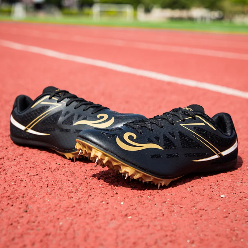 Профессиональная спортивная обувь для бега для мужчин, женщин и детей, кроссовки для бега с шипами черного и золотого цветов