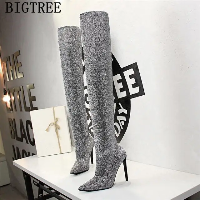 Ботинки с блестками; Сапоги выше колена; botines mujer; ; stletto; сапоги на высоком каблуке; cuissardes; пикантные сапоги; talons hauts tacones; 125-1 - Цвет: silver