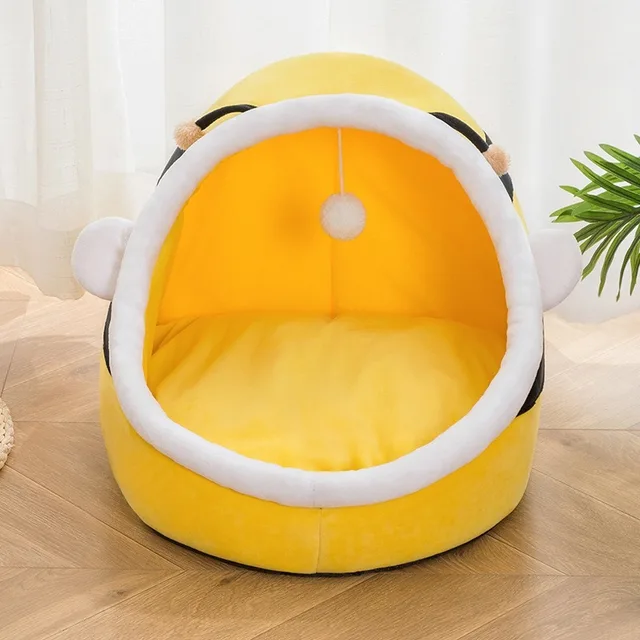 Cute Cat Bed Warm Pet Basket Cozy Kitten Lounger Cushion Cat House Tent Very Soft Small Dog Mat Bag For Washable Beds For Cats Yellow-Style 2