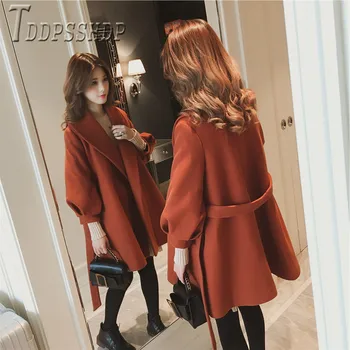 

2019 Autumn Winter Korean Women Woolen Coat Loose Lantern Sleeve Female Overcoat