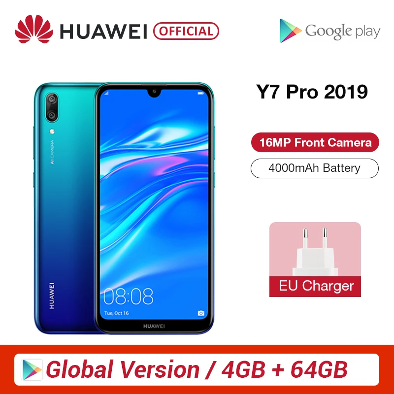 Глобальная версия HUAWEI Y7 Pro 2019 4 Гб 64 Смартфон Snapdragon 450 Восьмиядерный разблокировка