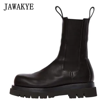 

Runway Flat Platform Chelsea Boots Women Slip On Mid Calf Real Leather Boots Cozy Round Toe Thick Bottom Martin Boots For Women