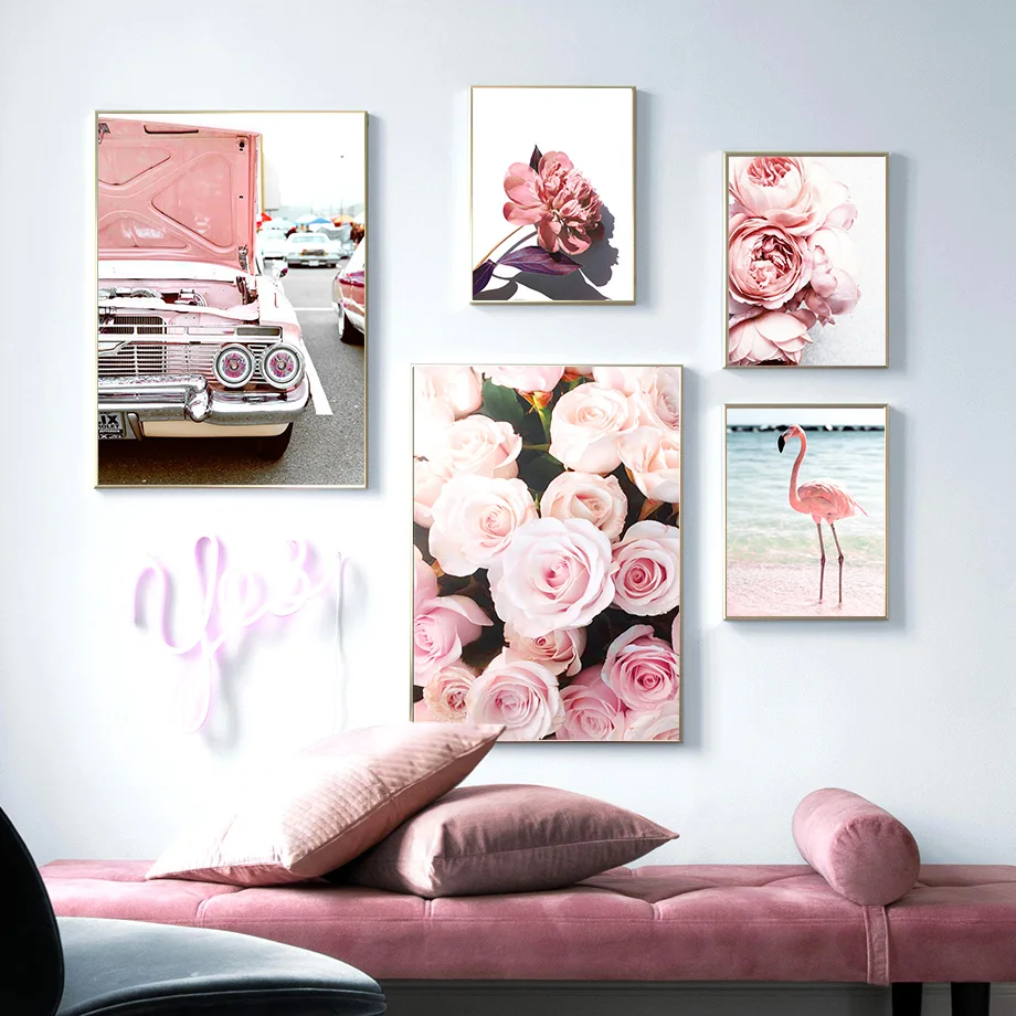 Pink-Rose-Flamingo-Flower-Vintage-Car-Wall-Art-Canvas-Painting-Nordic-Posters-And-Prints-Wall-Pictures