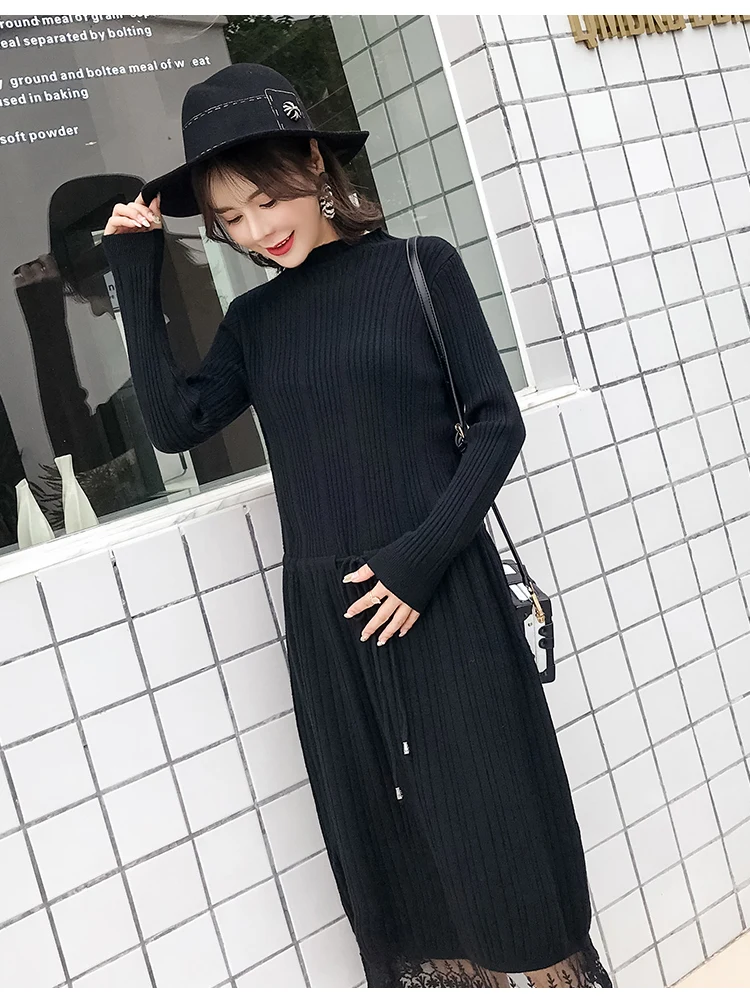 autumn and winter new sweater knit dress lace long sweater Korean fashion pregnant sweater