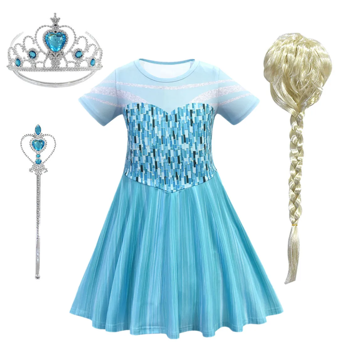 dress-4pcs Платье Эльзы для девочек костюм Снежной Королевы из 2 предметов для детей, платье принцессы Эльзы и Анны для костюмированной вечеринки детская одежда на Рождество и день рождения, парик - Цвет: dress-4pcs