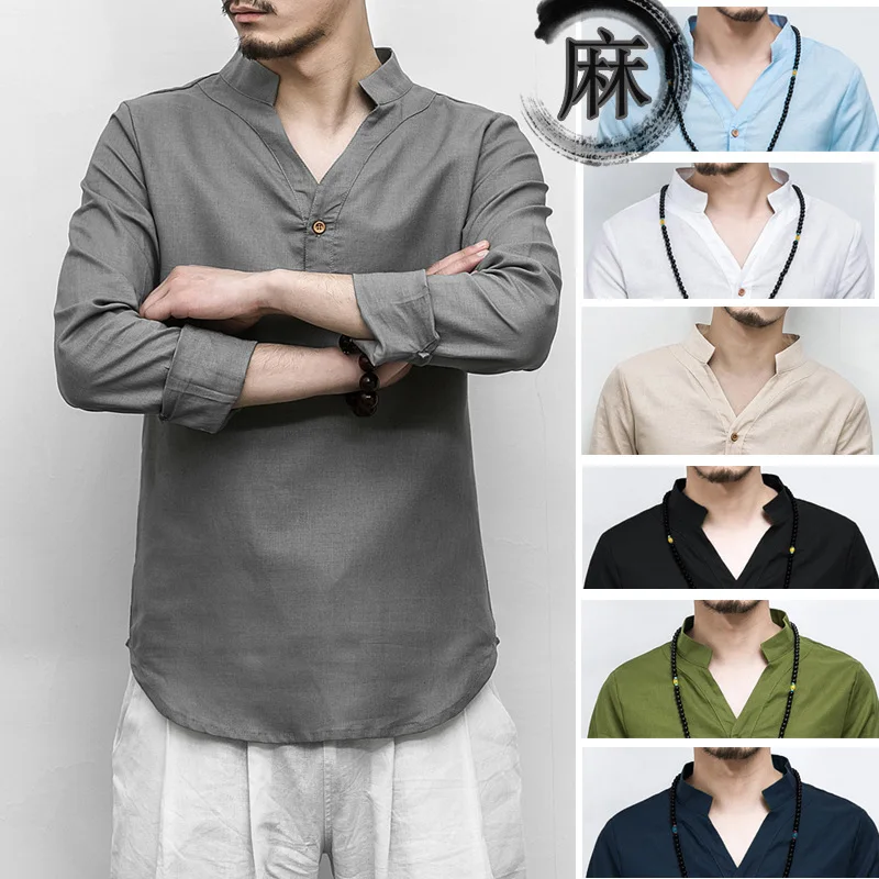 Китайская традиционная Льняная блуза с v-образным вырезом повседневная одежда мужская футболка большого размера топ с длинными рукавами футболка кунг-фу костюм ханфу наряд