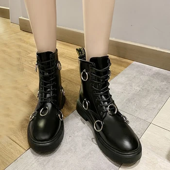 

Rimocy Fashion Black Patent Leather Motorcycle Boots Women Metal Circle Ankle Boots Woman Thick Bottom Non-Slip Botas Female