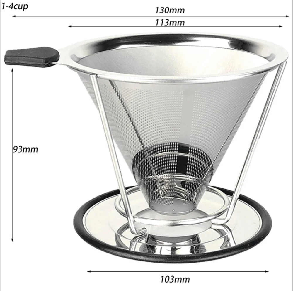 Stainless Steel Reusable Coffee Filter Pour Over Dripper Non-slip Strainer Funnel Shaped Durable Easy to Cleaning for home us
