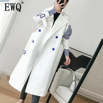 

EWQ 2020 New Autumn Fashion Women Clothing Turn-down Collar Full Sleeves Striped Patchwork Double Breasted Windbreaker WC00200L
