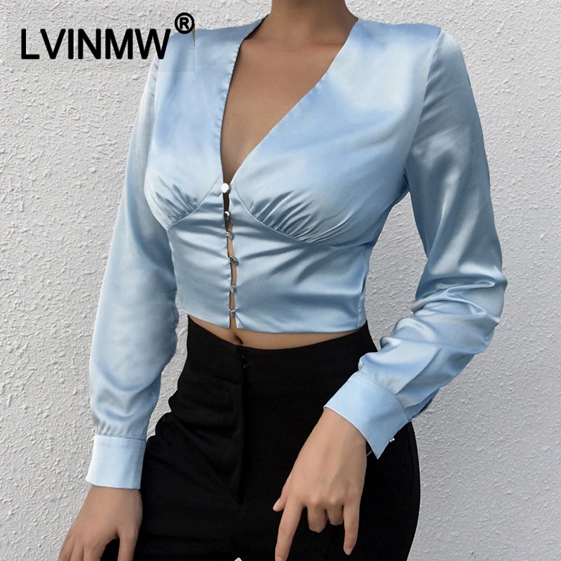 Женский Атласный топ LVINMW синий укороченный с v-образным вырезом и длинными