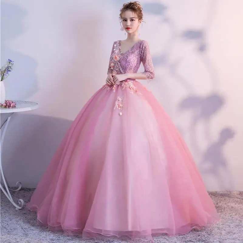 Элегантное розовое платье с коротким рукавом, бальное платье с v-образным вырезом и кружевной аппликацией, модное платье для выпускного бала