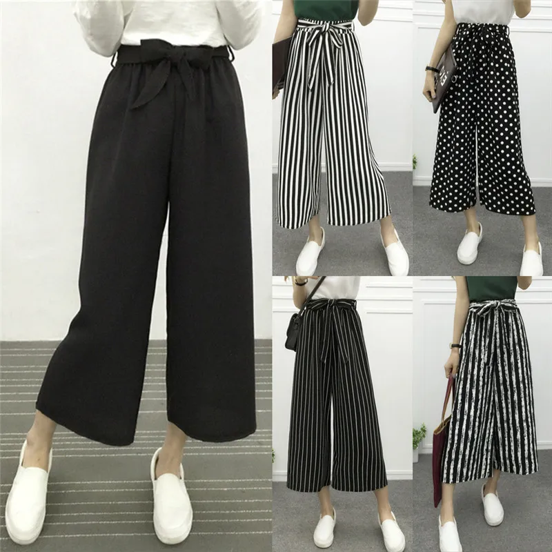 Women High Waist Wide Leg Loose Striped Trousers Casual Pants Ladies Office Pants Fashion Loose Leg Pants