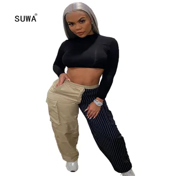 

2020 Summer Women Pants Striped Leggings Straight Patchwork Trousers Sexy Party Street Club High Waist Pocket Jogger Sweatpants