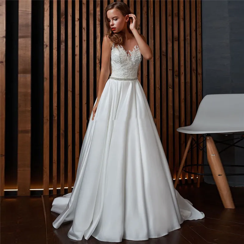 

Sheer Tulle Top Lace Appliques A-Line Wedding Dresses Satin Lace Up Corset Women Bridal Gowns Sleeveless 2021 Simple Vestidos