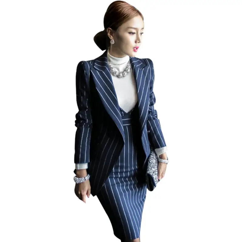 Women Striped Dress Suits Office Lady Double Breasted 2 Piece Sets Elegant Notched Blazer+ Fashion Sheath Dresses Female - Цвет: blue