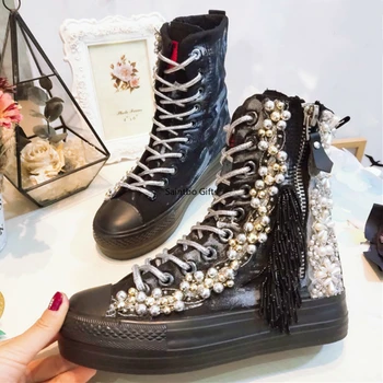 

Handmade Sneakers Women Canvas Shoes High-top Vulcanized Shoes Crystal Sewed Rhinestone Girls Beautiful Sneakers New Designs