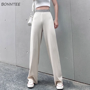 

Pants Women Solid Full Wide Leg Trousers Elastic Waist Sporting Loose Soft Korean Style Daily Office Lady Fashion Elegant Chic