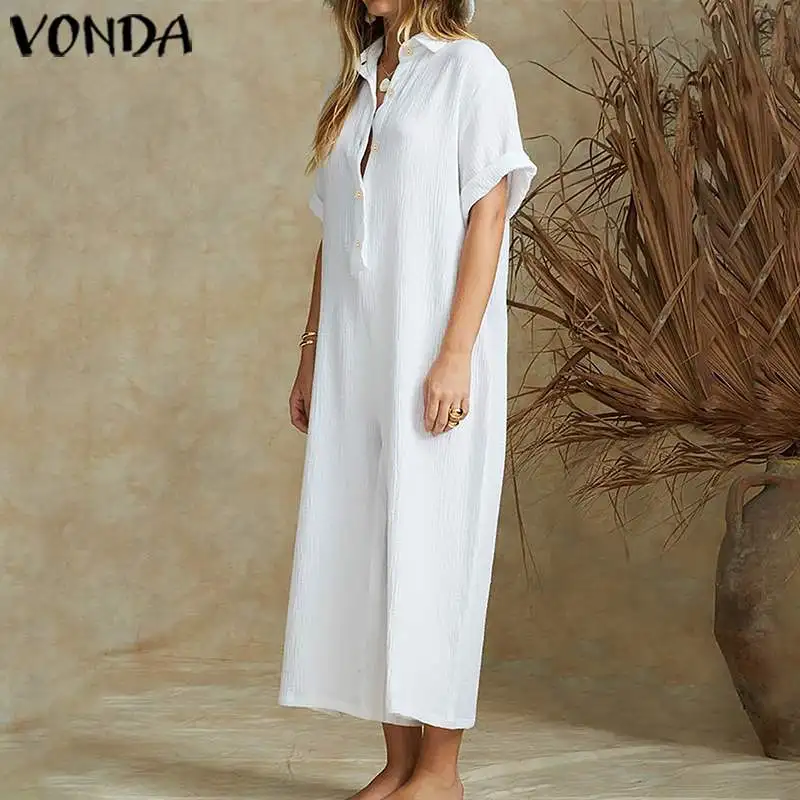 VONDA, летний модный короткий рукав, длинный комбинезон, Комбинезоны для женщин, комбинезоны, широкие штаны размера плюс, повседневные свободные штаны