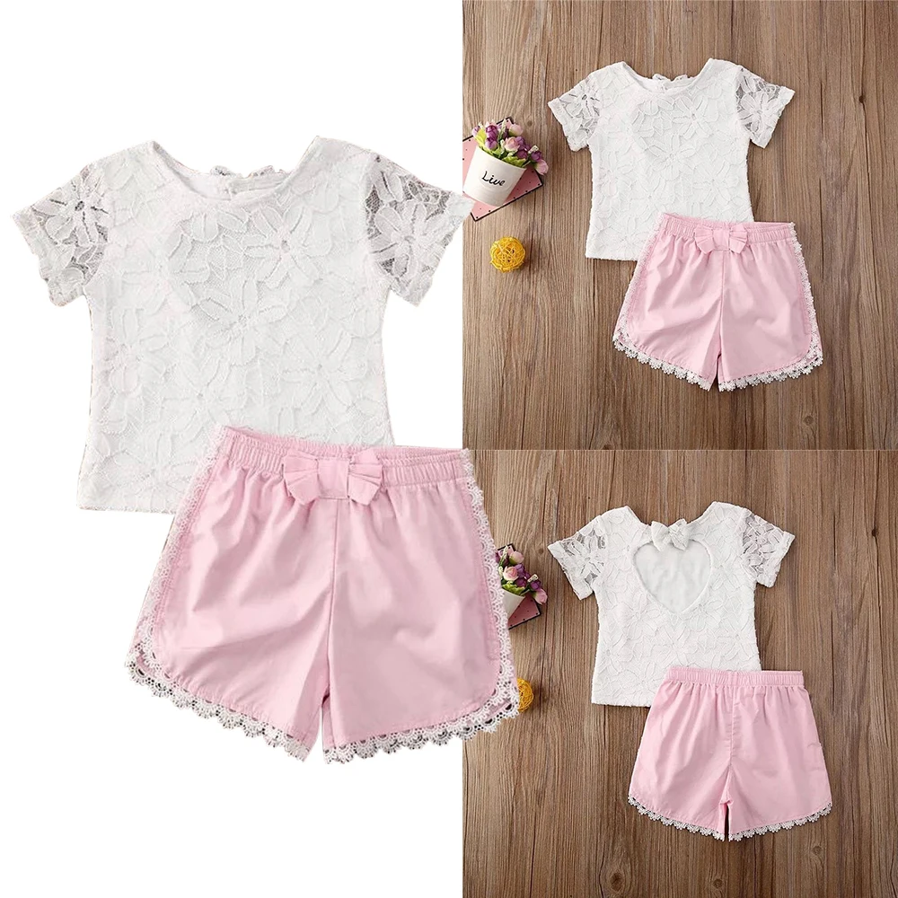 

Baby Girls Cute 2 Pcs Clothes Set Short Sleeve Hollow Out Lace Top Pink Shorts Kids Summer Fashion Outfits Toddler Clothes D30