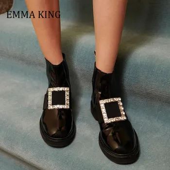 

New Square Metal Crystal Chelsea Boots Women Genuine Leather Buckle Metal Woman Shoes Autumn Winter Female Design Ankle Boots