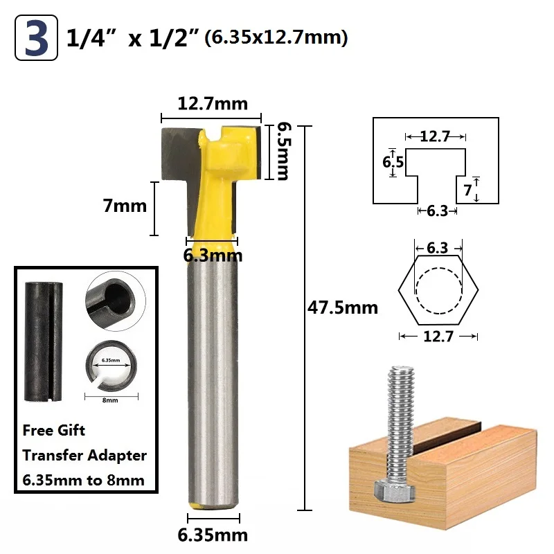 1/4 ''1/2'' 8 мм хвостовик Т-образный Фрезерный резак Замочная скважина винтовой резец с ЧПУ фрезерные инструменты деревообрабатывающие фрезы - Длина режущей кромки: 6.35x12.7mm