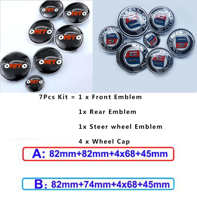 

Car styling 7pcs Car Front Hood Rear Trunk Boot badge Wheel hub cap Bonnet Steering Wheel Stickers 82mm 68mm 74mm 45mm for bmw