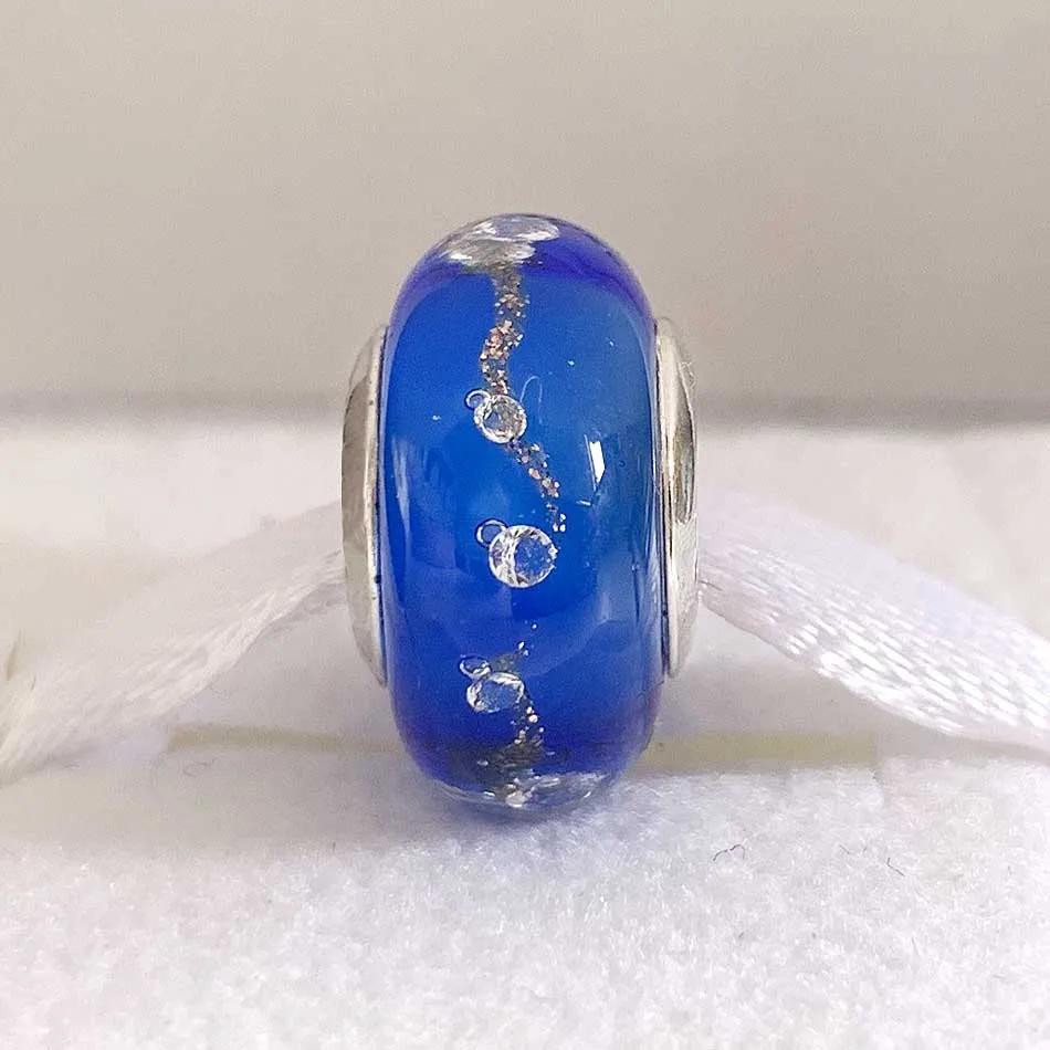 

Original Blue Effervescence Gold Sparkle Lampwork Murano Glass Bead Fit 925 Sterling Silver Charm Bracelet DIY Jewelry