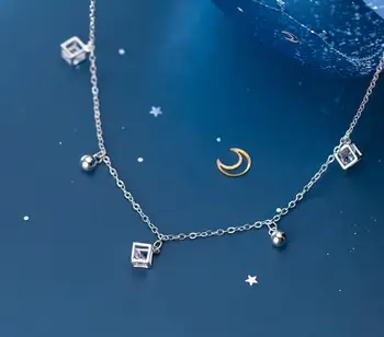 

100% real Sterling Silver 925 Fine Jewelry Square Zirconia &Beads Lucky Round Pendant Statement Station Necklace GTLX1989