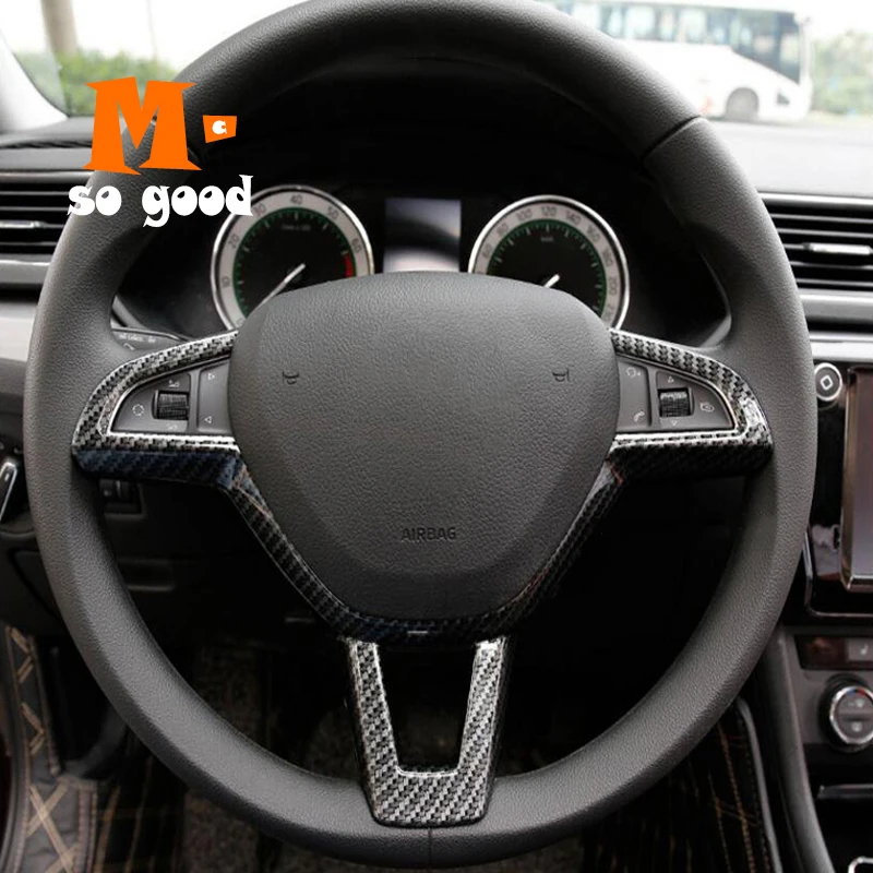 For-Skoda-Octavia-2016-2018-1PC-Carbon-Fiber-ABS-Chrome-Car-Interior-Mouldings-Steering-Wheel-Cover